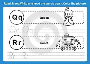 Alphabet Q-R exercise with cartoon vocabulary for coloring book
