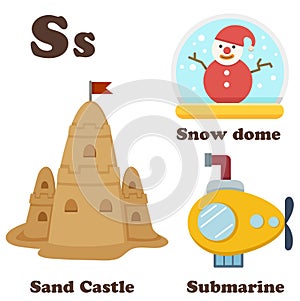 Alphabet S letter.Sand Castle,Snow Dome,Submarine
