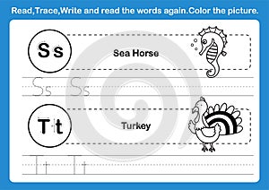 Alphabet S-T exercise with cartoon vocabulary for coloring book