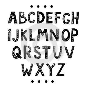Alphabet in scandinavian style. Hand drawing font for children. Flat isolated vector illustration.