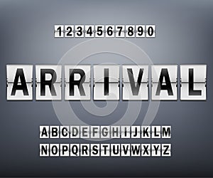 Alphabet on scoreboard. Set of black letters of mechanical timetabl