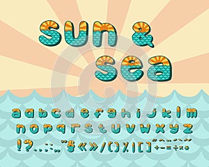 Alphabet sea horizon, vintage design. Sun rays, and sea waves aquamarine color, retro style. Font vector typography