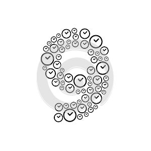 Alphabet set letter number nine or 9, Clock pattern, Time system concept design illustration isolated on white background, vector