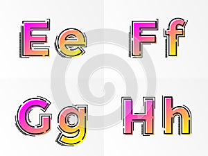 Alphabet set letters E, F, G, H vector font gradient color line