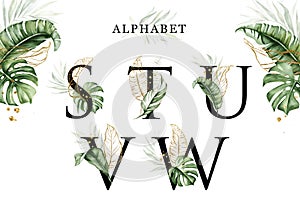 Alphabet set of S  T  U  V  W with tropical leaves watercolor and gold leaves