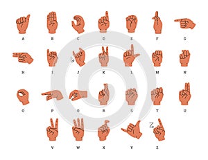 Alphabet in sign language for people with deafness, flat vector isolated.