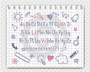 Alphabet in sketchy style with school doodles on copybook sheet.