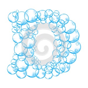 Alphabet of soap bubbles. Water suds letter d. Realistic vector font isolated on white background