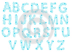 Alphabet of soap bubbles. Water suds letters. Cartoon vector font isolated on white background