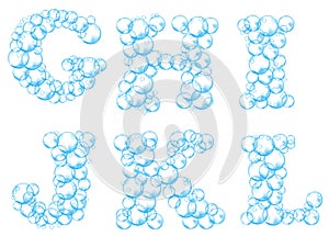 Alphabet of soap bubbles. Water suds letters g, h, i, j, k, l. Realistic vector font isolated on white background