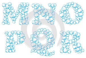 Alphabet of soap bubbles. Water suds letters m, n, o, p, q, r. Realistic vector font isolated on white background