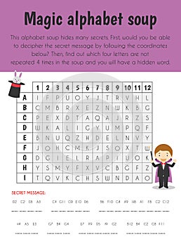 Alphabet soup code Educational Sheet. Primary module for Spacial Understanding. 5-6 years old