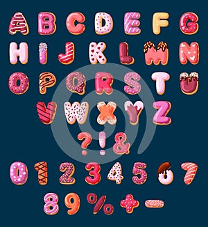 Alphabet from sweets set. Bright font made from baked goods and donuts with cream educational dessert for children with