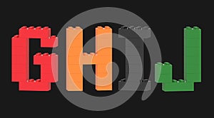 Alphabet symbols from colorful plastic toy blocks
