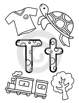 Alphabet T Coloring Page with cute object like turtle