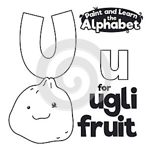 Alphabet to Color it, with Letter U and Ugli Fruit, Vector Illustration