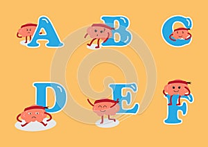 Alphabet A to F set with brain cartoon