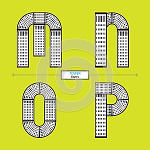 Alphabet tower geometric style in a set MNOP