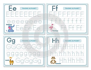 Alphabet tracing practice Letter E, F, G, H. Tracing practice worksheet. Learning alphabet activity page.