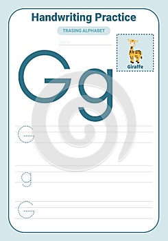 Alphabet tracing practice Letter G. Tracing practice worksheet. Learning alphabet activity page