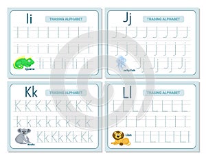 Alphabet tracing practice Letter I, J, K, L. Tracing practice worksheet. Learning alphabet activity page.