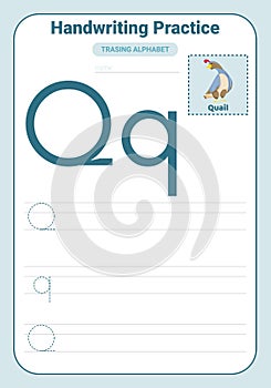 Alphabet tracing practice Letter Q. Tracing practice worksheet. Learning alphabet activity page