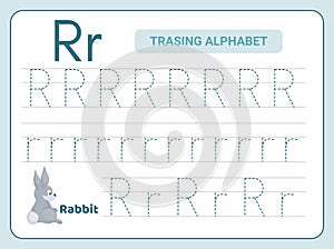 Alphabet tracing practice Letter R. Tracing practice worksheet. Learning alphabet activity page