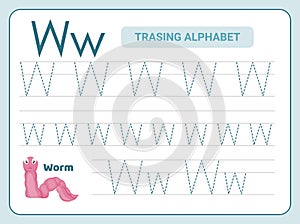 Alphabet tracing practice Letter W. Tracing practice worksheet. Learning alphabet activity page