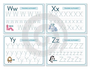 Alphabet tracing practice Letter W, X, Y, Z. Tracing practice worksheet. Learning alphabet activity page.