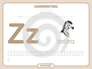 Alphabet tracing practice Letter Z. Tracing practice worksheet. Learning alphabet activity page.