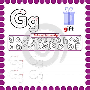 Alphabet Tracing Worksheet with letters. Writing practice letter G