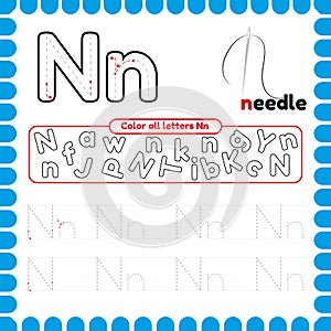 Alphabet Tracing Worksheet with letters. Writing practice letter N