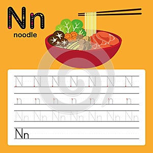 Alphabet tracing worksheet for preschool and kindergarten to improve basic writing skills, letter N, noodle, vector, illustration