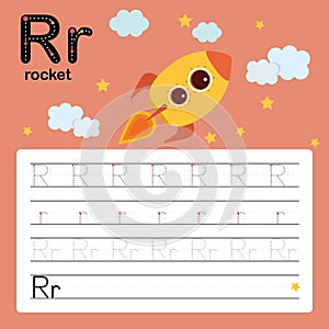 Alphabet tracing worksheet for preschool and kindergarten to improve basic writing skills, letter R, rocket, vector, illustration