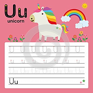 Alphabet tracing worksheet for preschool and kindergarten to improve basic writing skills, letter U, unicorn, vector, illustration