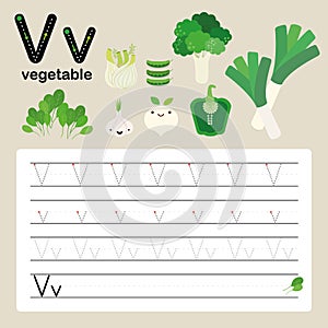 Alphabet tracing worksheet for preschool and kindergarten to improve basic writing skills, letter V, vegetable, vector, illustrati