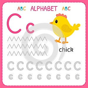 Alphabet tracing worksheet for preschool and kindergarten. Writing practice letter C. Exercises for kids