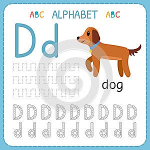 Alphabet tracing worksheet for preschool and kindergarten. Writing practice letter D. Exercises for kids