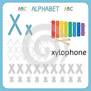 Alphabet tracing worksheet for preschool and kindergarten. Writing practice letter X. Exercises for kids