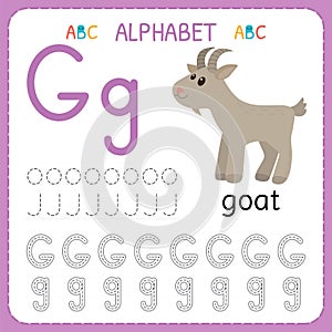 Alphabet tracing worksheet for preschool and kindergarten. Writing practice letter G. Exercises for kids