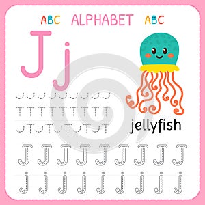 Alphabet tracing worksheet for preschool and kindergarten. Writing practice letter J. Exercises for kids