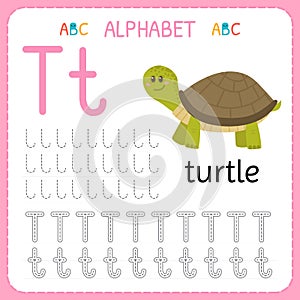 Alphabet tracing worksheet for preschool and kindergarten. Writing practice letter T. Exercises for kids