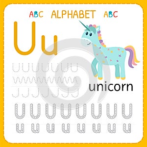 Alphabet tracing worksheet for preschool and kindergarten. Writing practice letter U. Exercises for kids