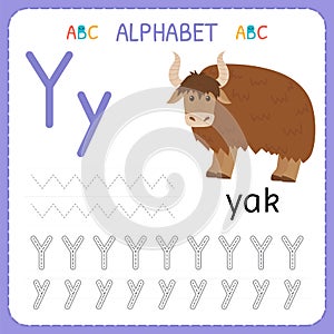 Alphabet tracing worksheet for preschool and kindergarten. Writing practice letter Y. Exercises for kids