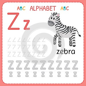 Alphabet tracing worksheet for preschool and kindergarten. Writing practice letter Z. Exercises for kids