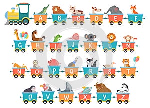 Alphabet train with animals. Cartoon animal illustration in van