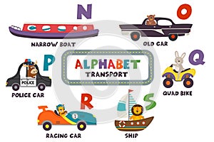 Alphabet with transport and animals N to S