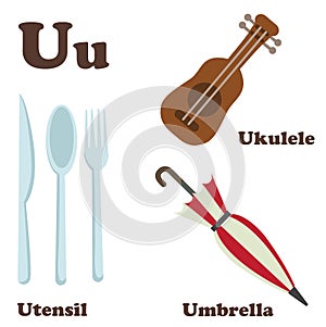 Alphabet U letter.Umbrella,Ukulele,Utensil