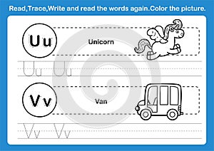 Alphabet U-V exercise with cartoon vocabulary for coloring book