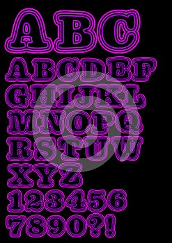 Alphabet uppercase neon set in purple, including numbers